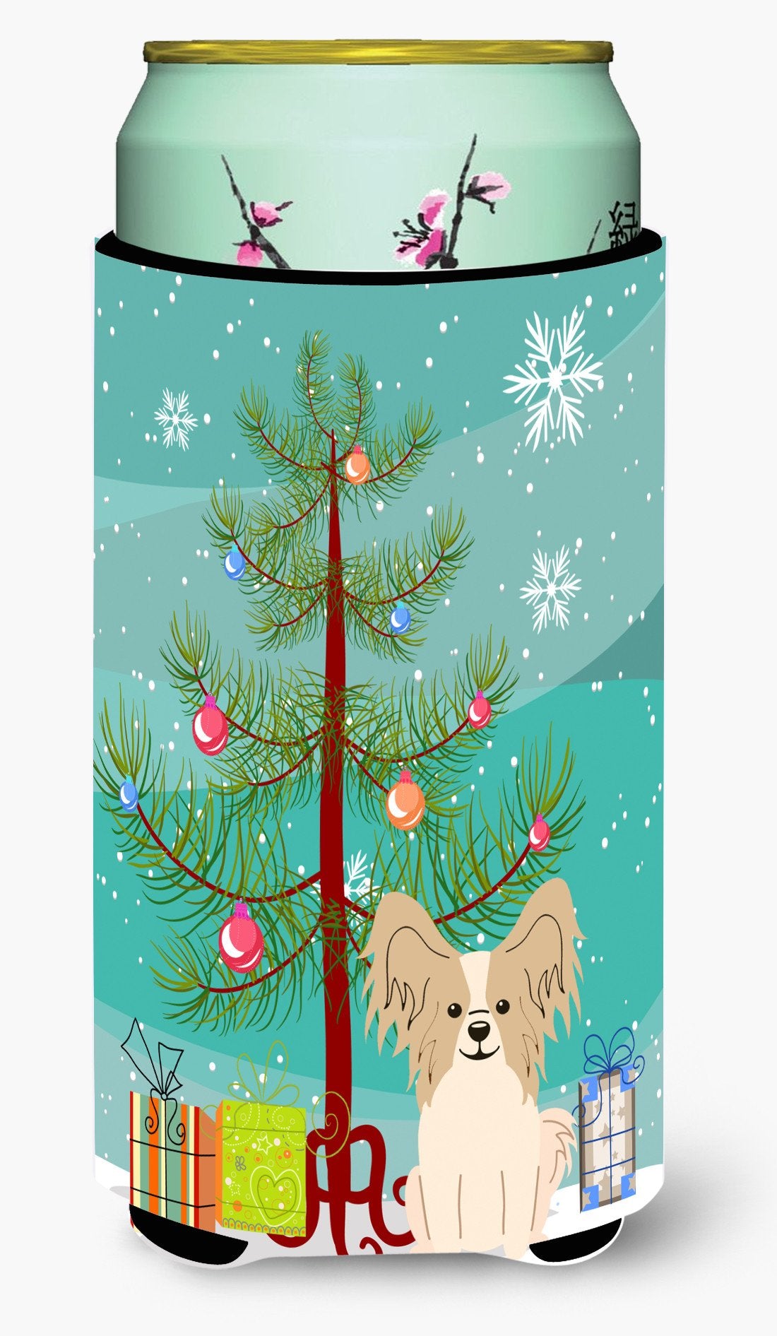 Merry Christmas Tree Papillon Sable White Tall Boy Beverage Insulator Hugger BB4202TBC by Caroline&#39;s Treasures