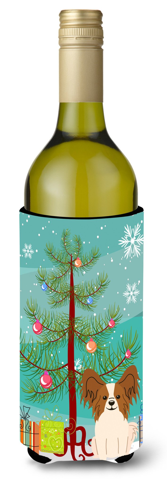 Merry Christmas Tree Papillon Red White Wine Bottle Beverge Insulator Hugger BB4203LITERK by Caroline&#39;s Treasures