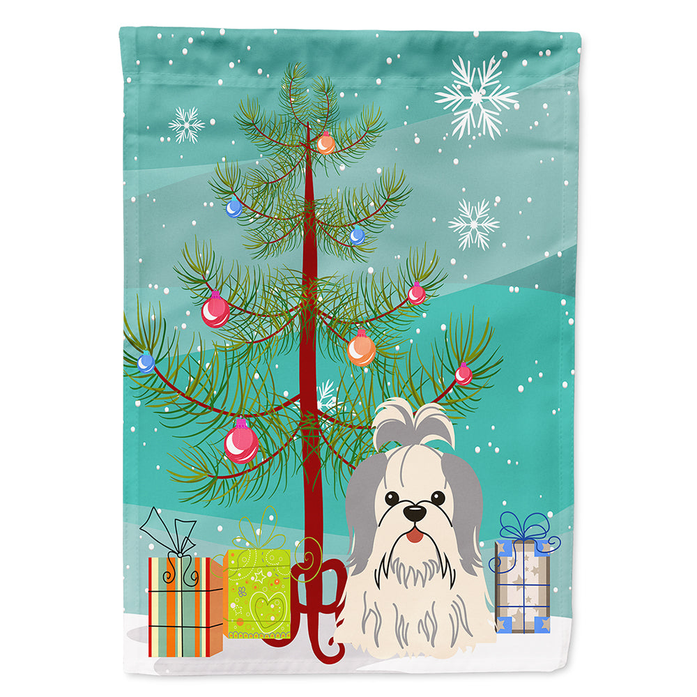 Merry Christmas Tree Shih Tzu Silver White Flag Canvas House Size BB4210CHF  the-store.com.