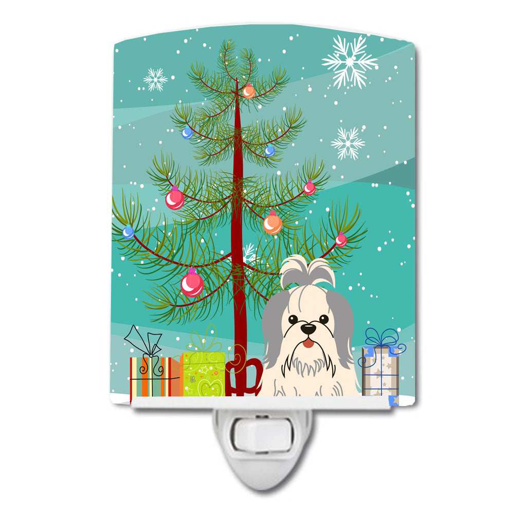 Merry Christmas Tree Shih Tzu Silver White Ceramic Night Light BB4210CNL - the-store.com