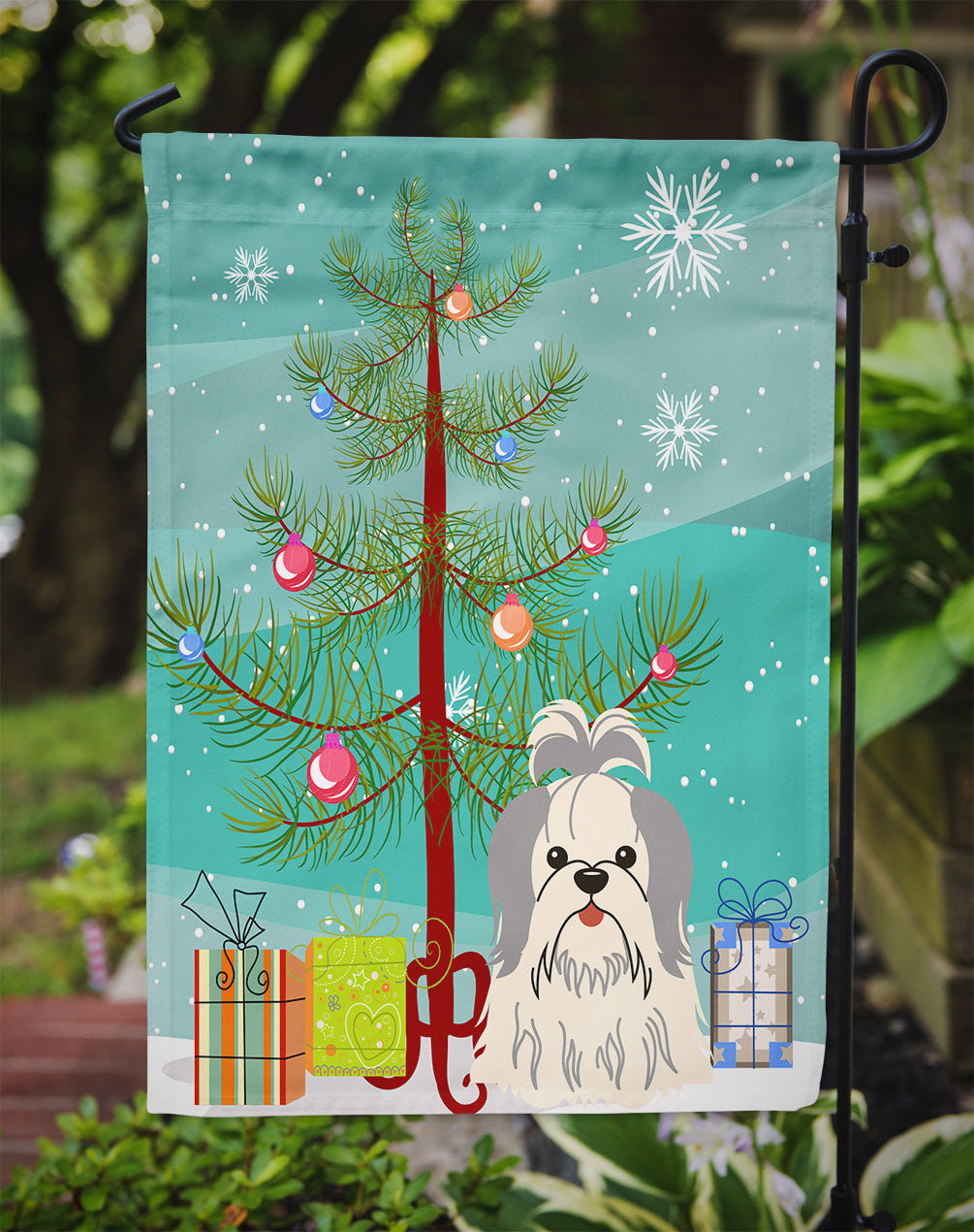 Merry Christmas Tree Shih Tzu Silver White Flag Garden Size BB4210GF