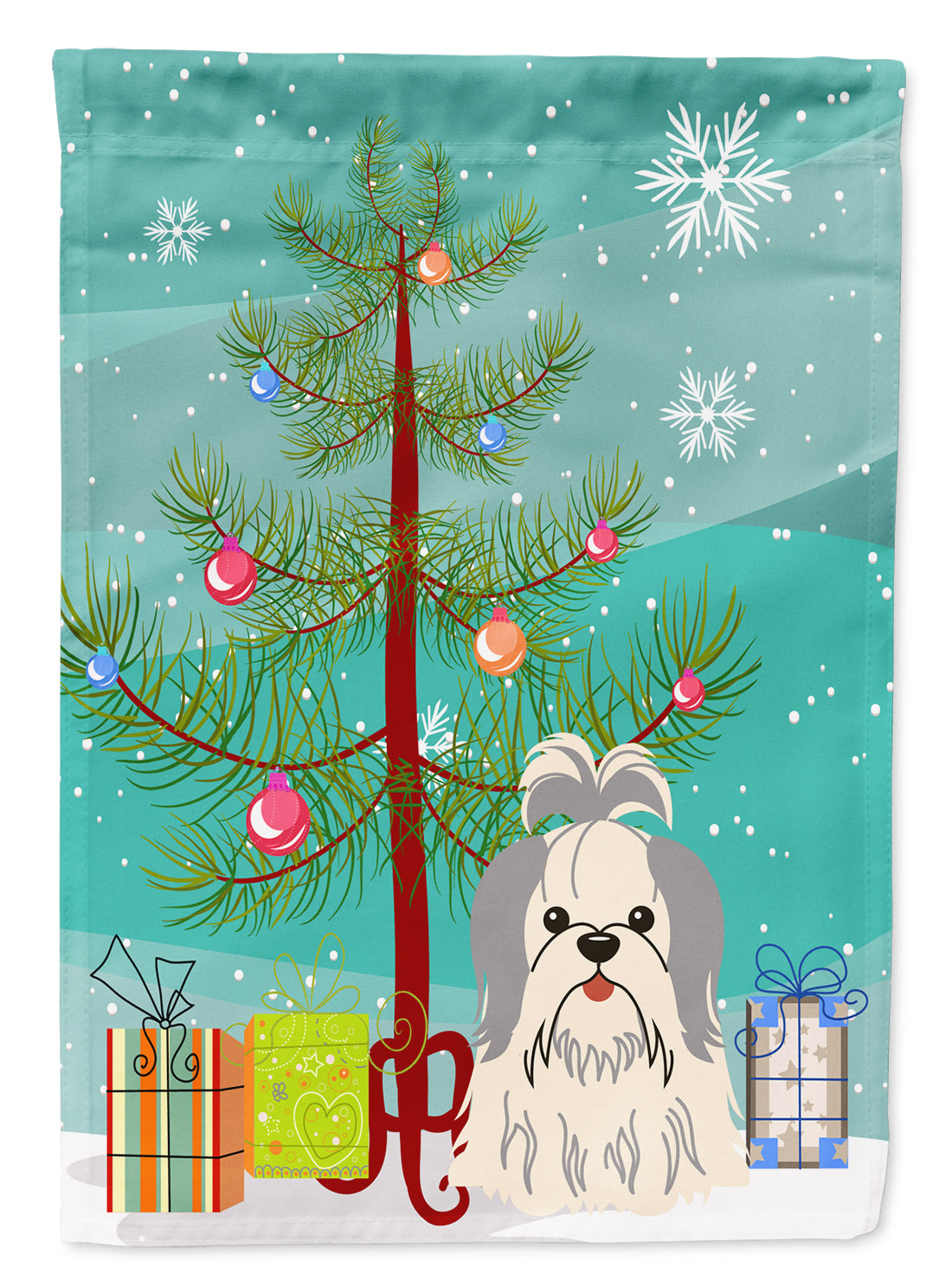 Merry Christmas Tree Shih Tzu Silver White Flag Garden Size BB4210GF
