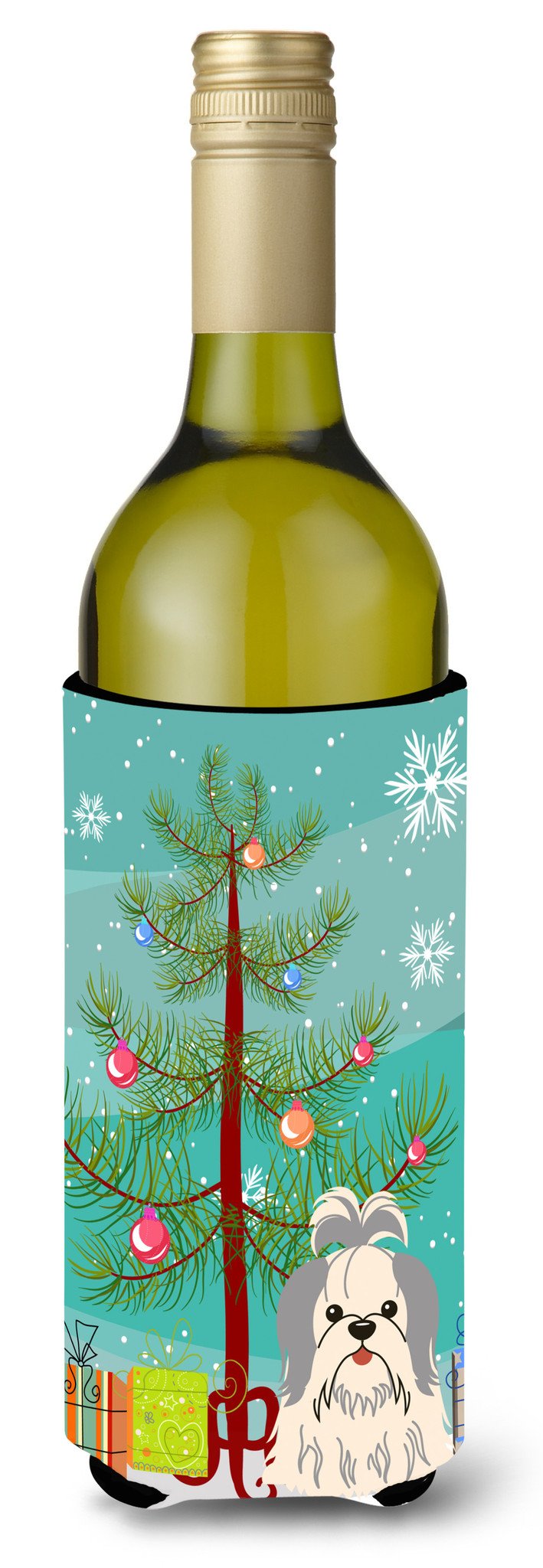 Merry Christmas Tree Shih Tzu Silver White Wine Bottle Beverge Insulator Hugger BB4210LITERK by Caroline&#39;s Treasures