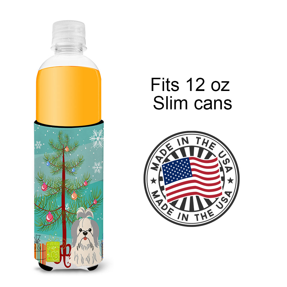 Merry Christmas Tree Shih Tzu Silver White  Ultra Hugger for slim cans BB4210MUK  the-store.com.