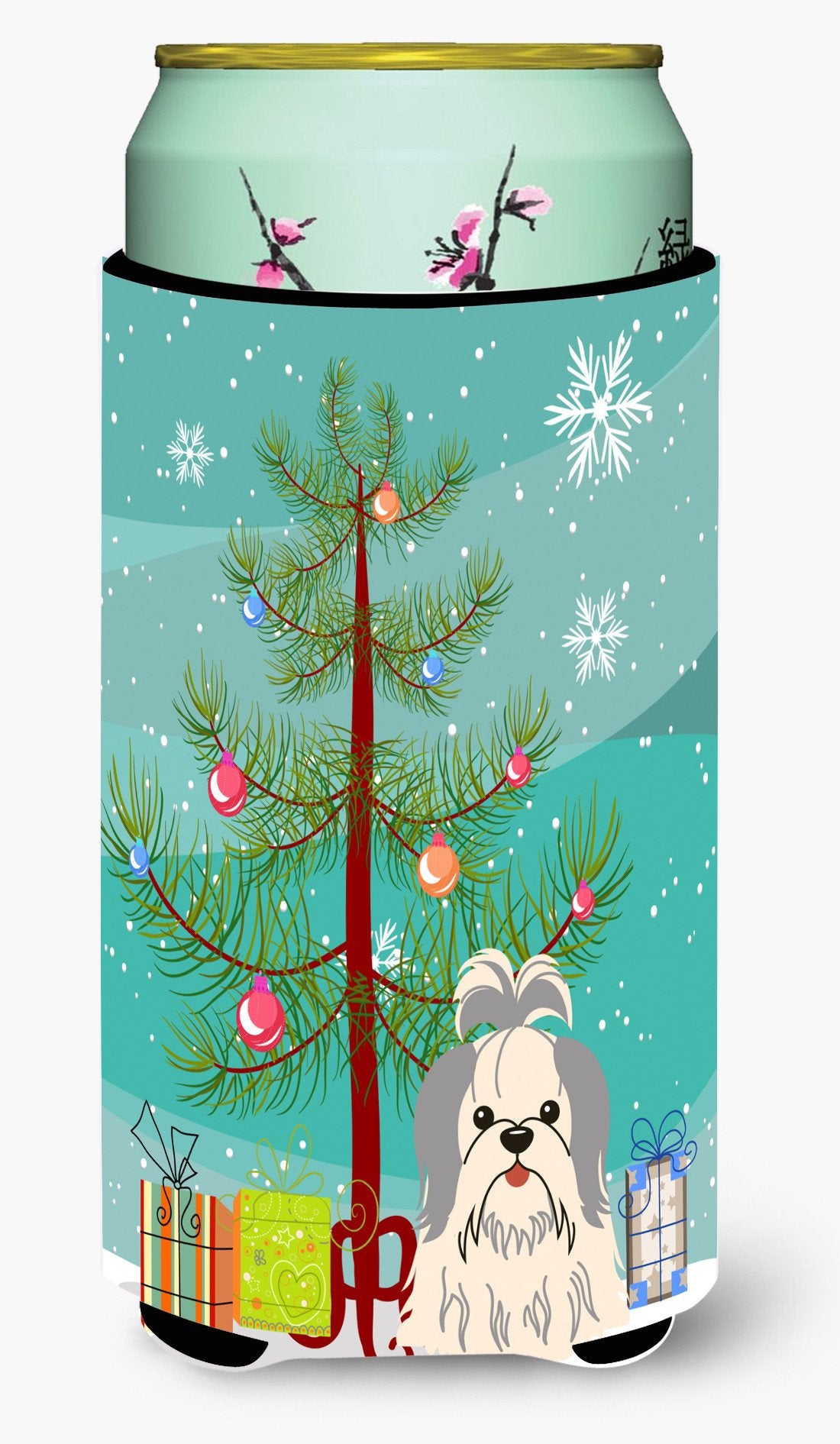 Merry Christmas Tree Shih Tzu Silver White Tall Boy Beverage Insulator Hugger BB4210TBC by Caroline&#39;s Treasures