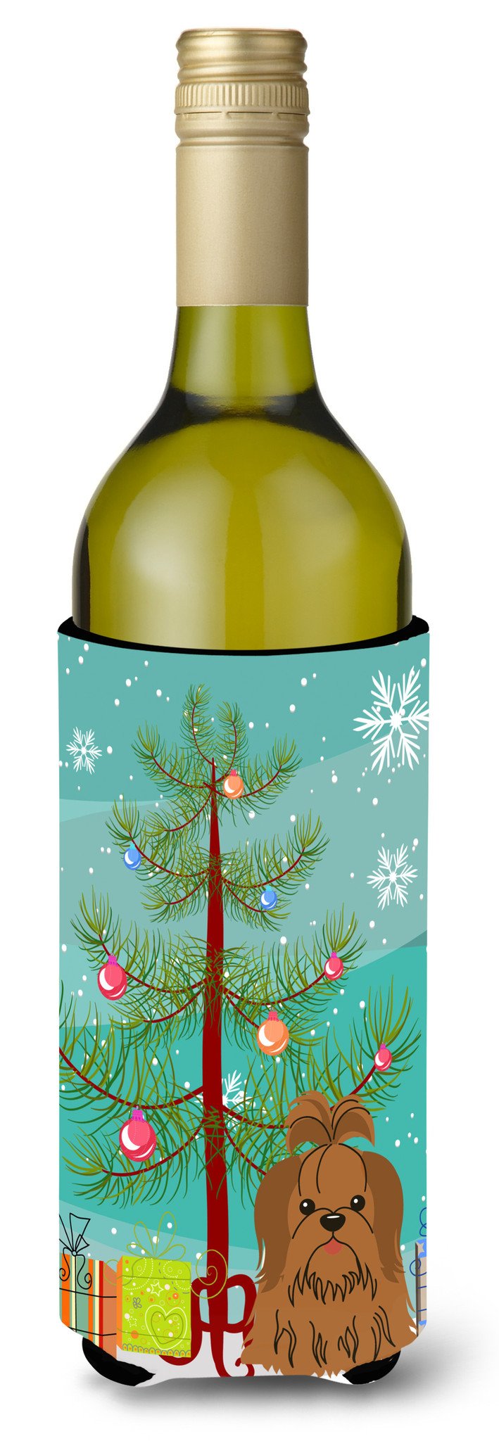 Merry Christmas Tree Shih Tzu Silver Chocolate Wine Bottle Beverge Insulator Hugger BB4211LITERK by Caroline&#39;s Treasures