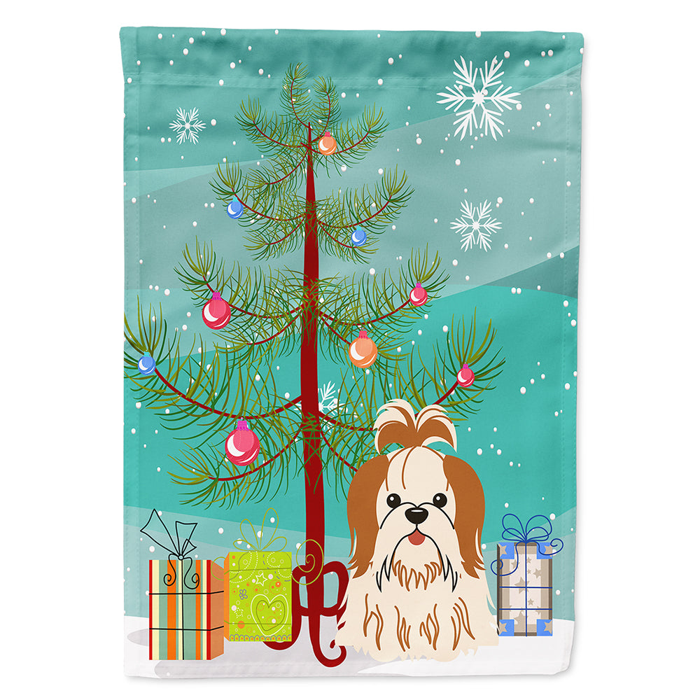 Merry Christmas Tree Shih Tzu Red White Flag Canvas House Size BB4212CHF  the-store.com.