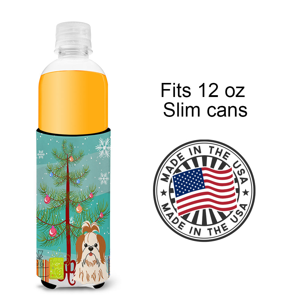 Merry Christmas Tree Shih Tzu Red White  Ultra Hugger for slim cans BB4212MUK  the-store.com.