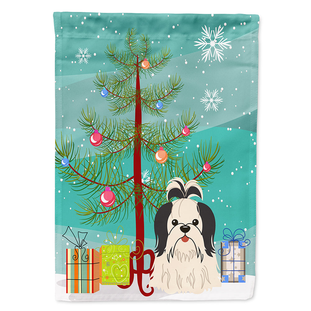 Merry Christmas Tree Shih Tzu Black White Flag Canvas House Size BB4213CHF