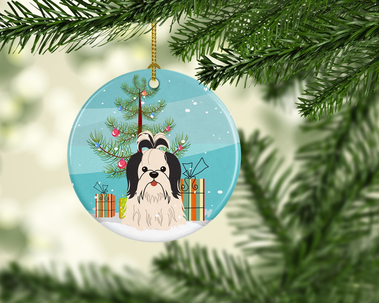 Merry Christmas Tree Shih Tzu Black White Ceramic Ornament BB4213CO1 by Caroline's Treasures