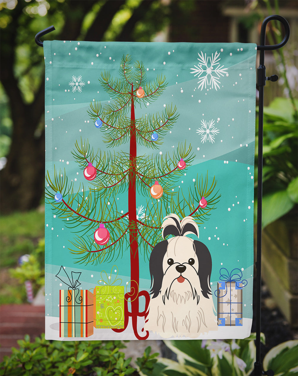 Merry Christmas Tree Shih Tzu Black White Flag Garden Size BB4213GF