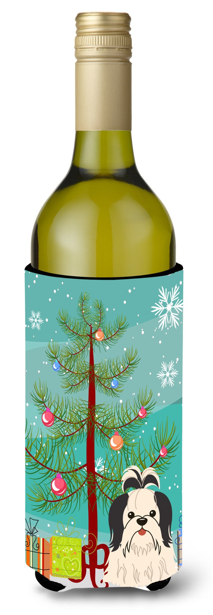 Merry Christmas Tree Shih Tzu Black White Wine Bottle Beverge Insulator Hugger BB4213LITERK by Caroline&#39;s Treasures
