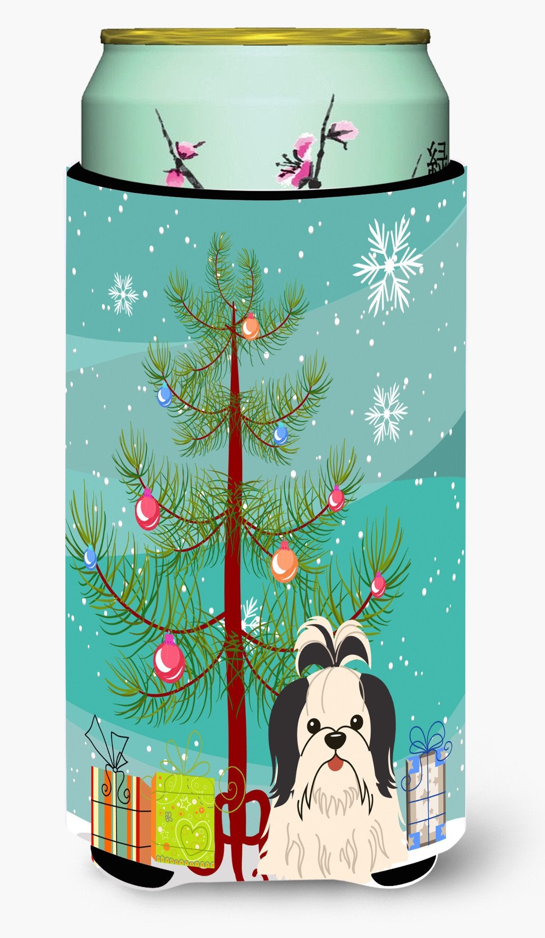 Merry Christmas Tree Shih Tzu Black White Tall Boy Beverage Insulator Hugger BB4213TBC by Caroline&#39;s Treasures