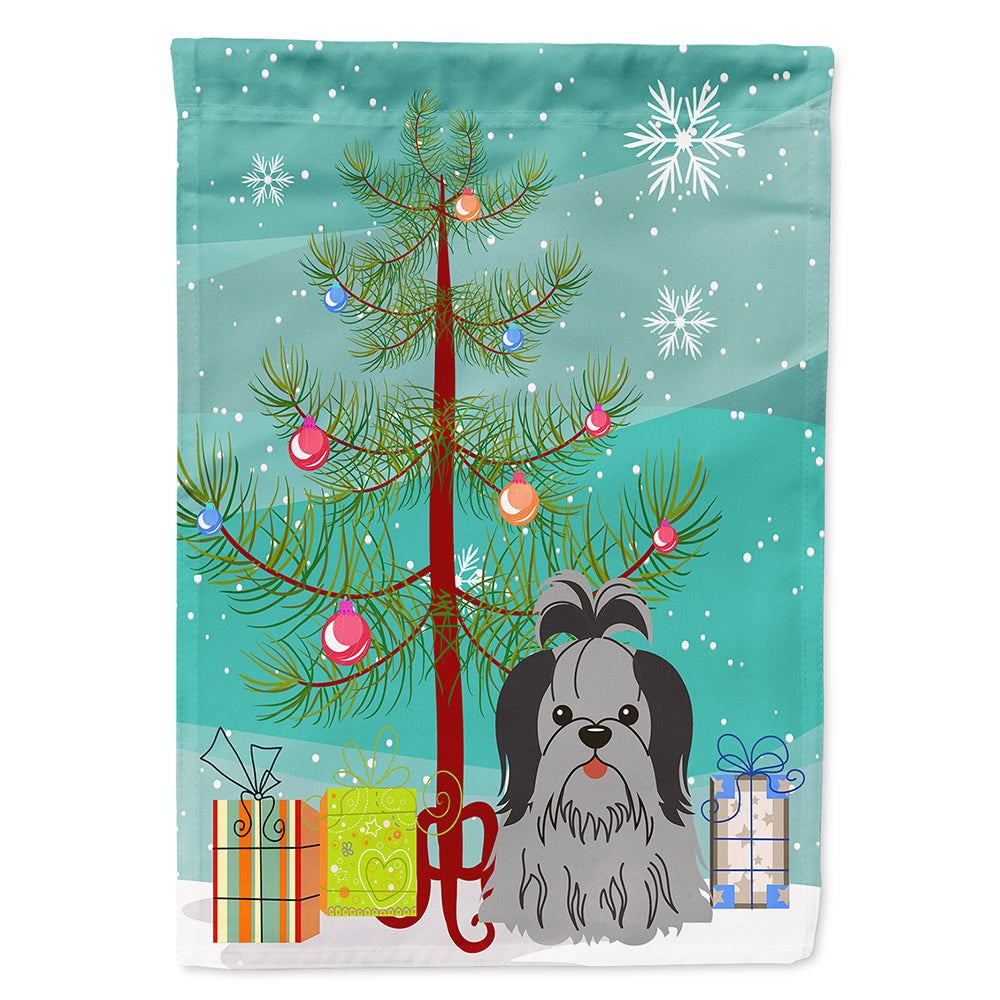 Merry Christmas Tree Shih Tzu Black Silver Flag Canvas House Size BB4214CHF  the-store.com.