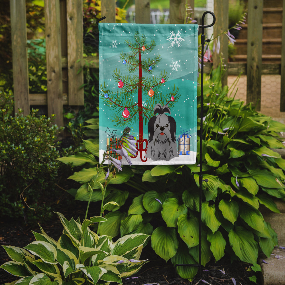 Merry Christmas Tree Shih Tzu Black Silver Flag Garden Size BB4214GF