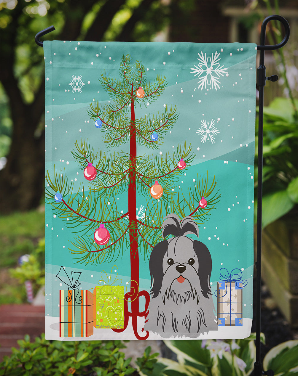 Merry Christmas Tree Shih Tzu Black Silver Flag Garden Size BB4214GF