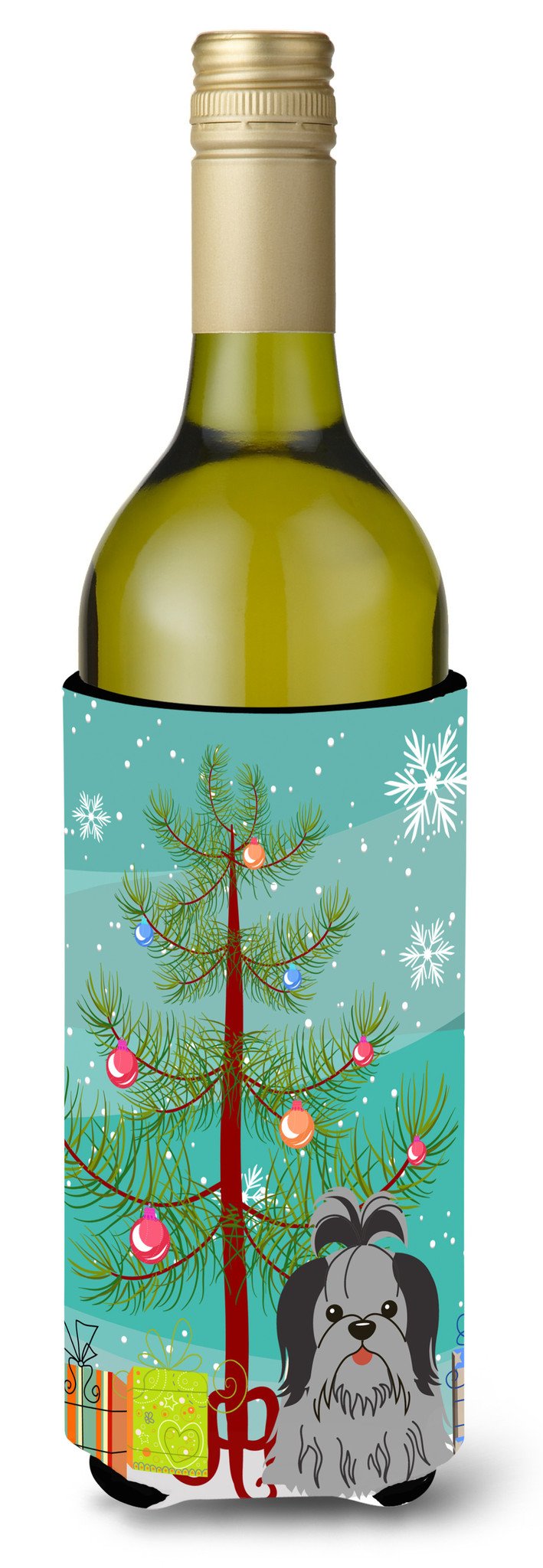 Merry Christmas Tree Shih Tzu Black Silver Wine Bottle Beverge Insulator Hugger BB4214LITERK by Caroline&#39;s Treasures
