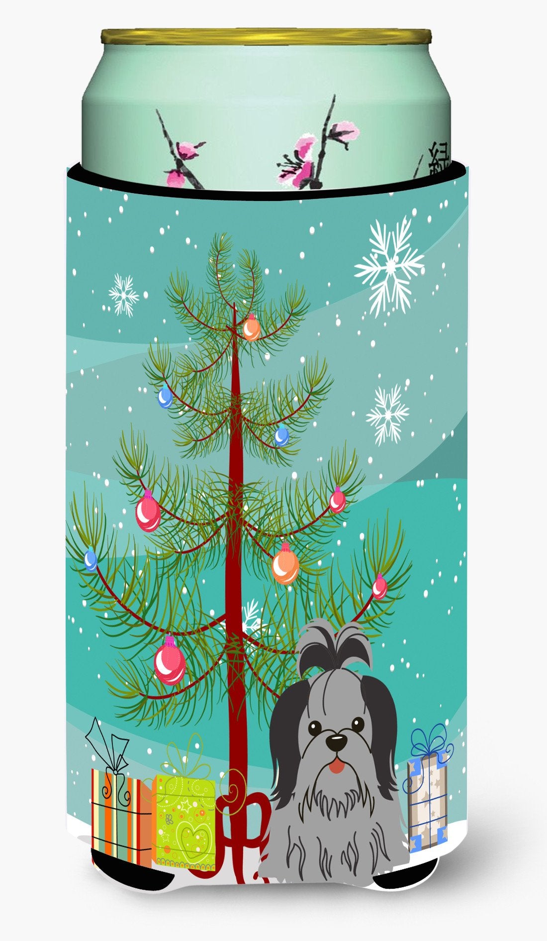 Merry Christmas Tree Shih Tzu Black Silver Tall Boy Beverage Insulator Hugger BB4214TBC by Caroline&#39;s Treasures