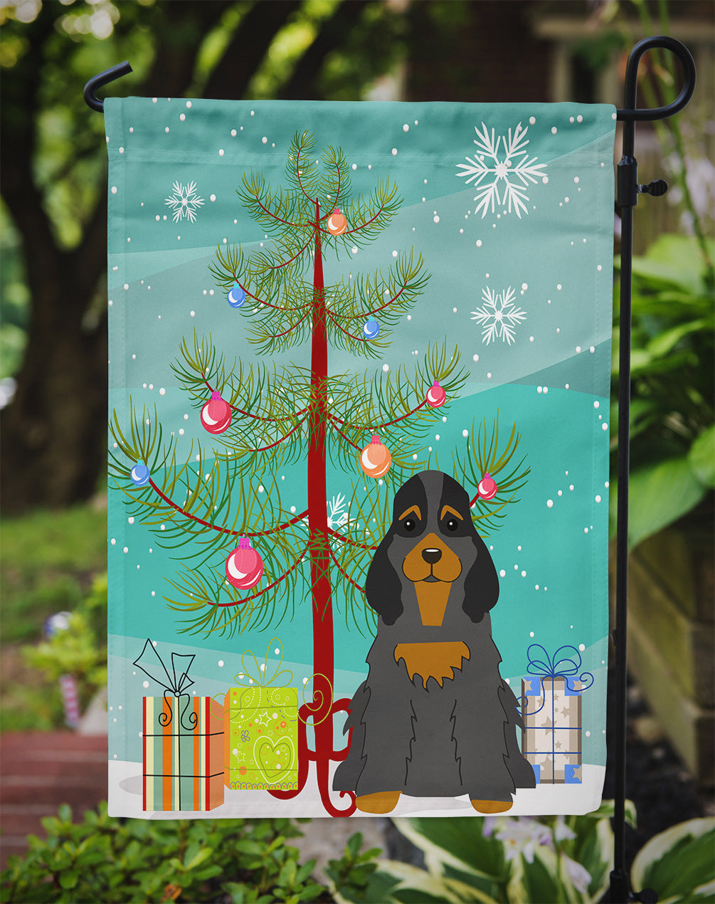 Merry Christmas Tree Cocker Spaniel Black Tan Flag Garden Size BB4218GF