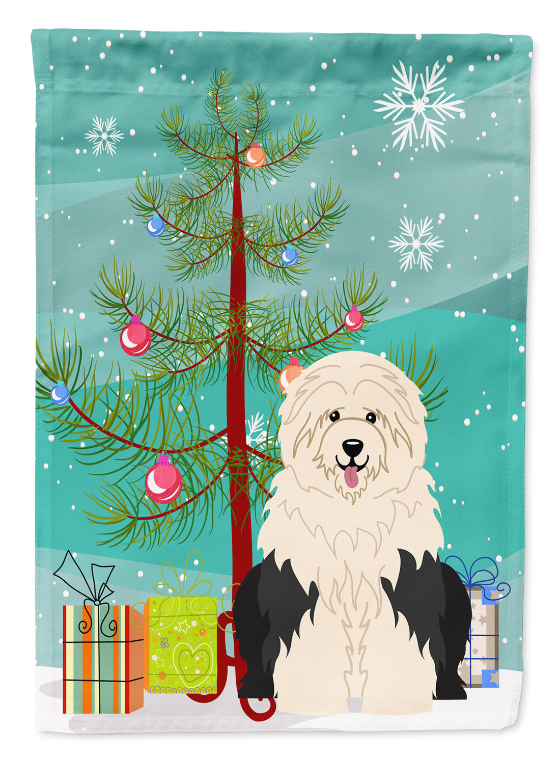 Merry Christmas Tree Old English Sheepdog Flag Canvas House Size BB4221CHF  the-store.com.