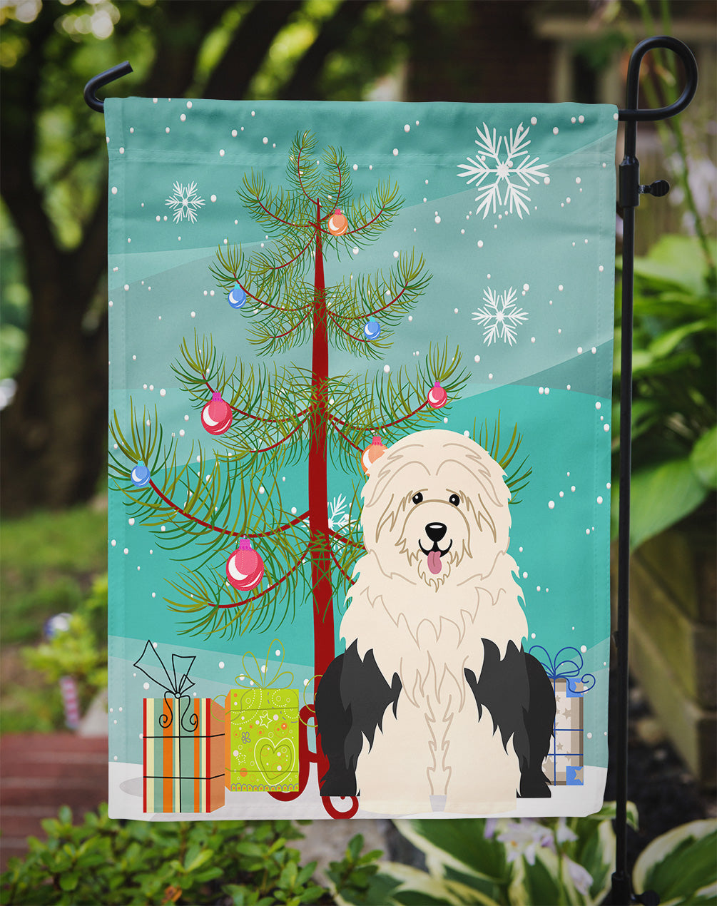Merry Christmas Tree Old English Sheepdog Flag Garden Size BB4221GF