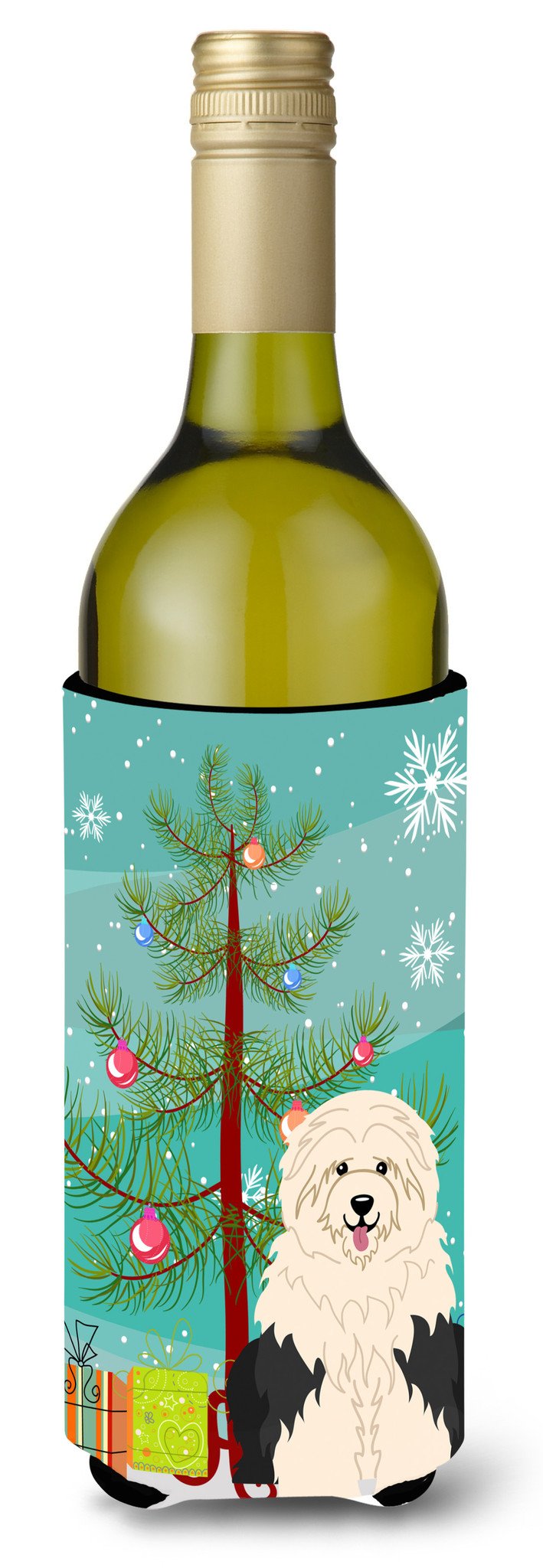 Merry Christmas Tree Old English Sheepdog Wine Bottle Beverge Insulator Hugger BB4221LITERK by Caroline&#39;s Treasures