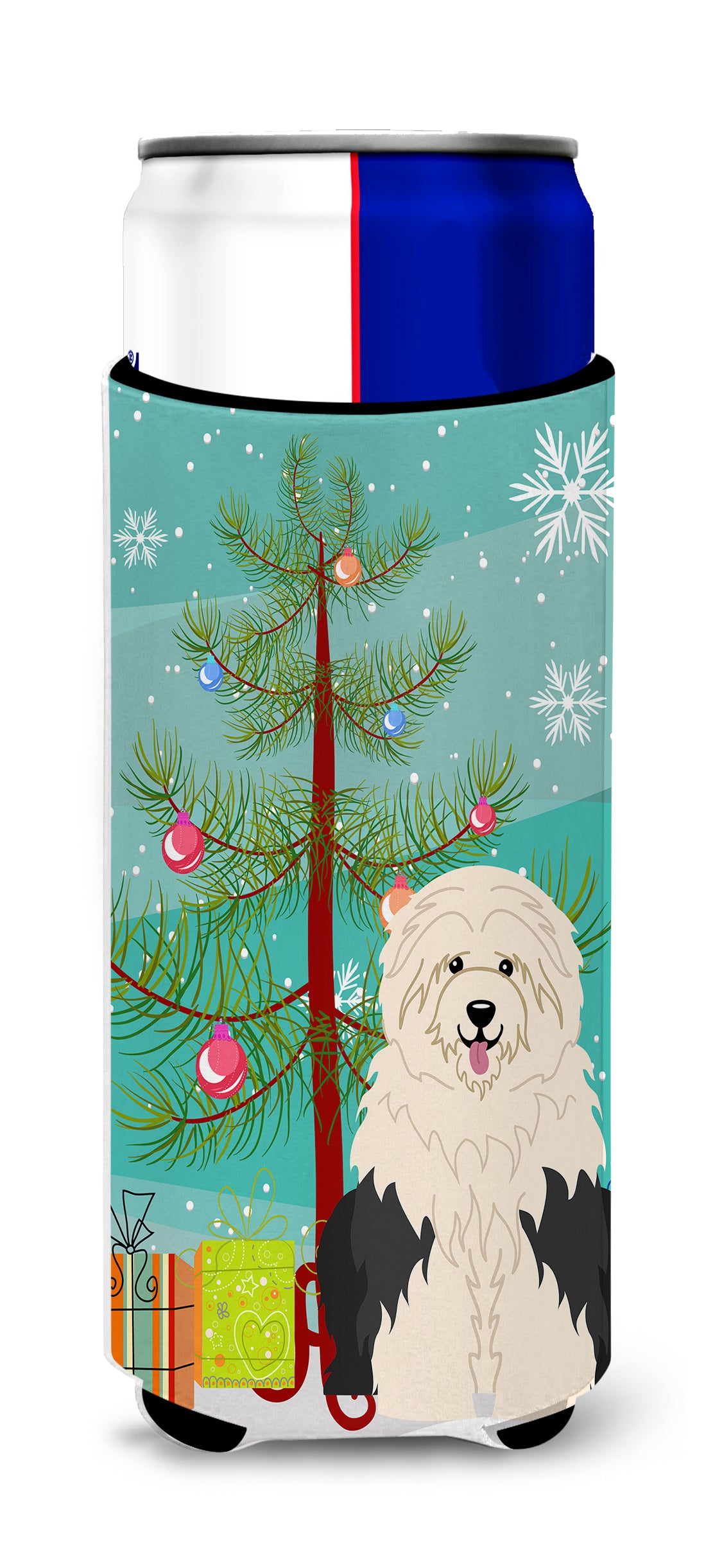 Merry Christmas Tree Old English Sheepdog  Ultra Hugger for slim cans BB4221MUK  the-store.com.