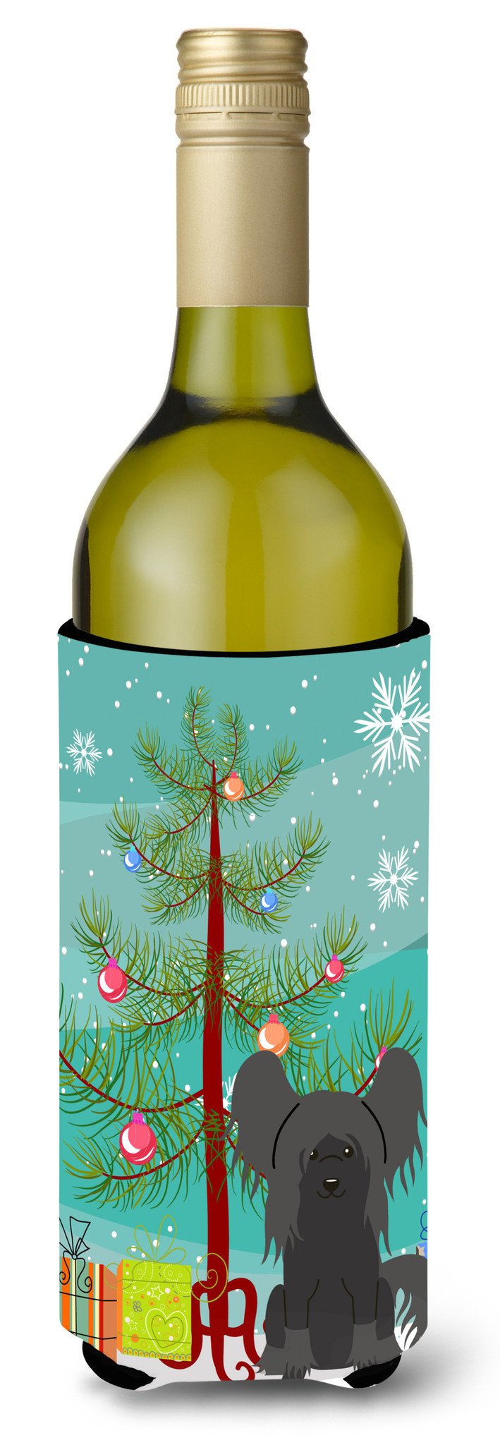 Merry Christmas Tree Chinese Crested Black Wine Bottle Beverge Insulator Hugger BB4237LITERK by Caroline&#39;s Treasures