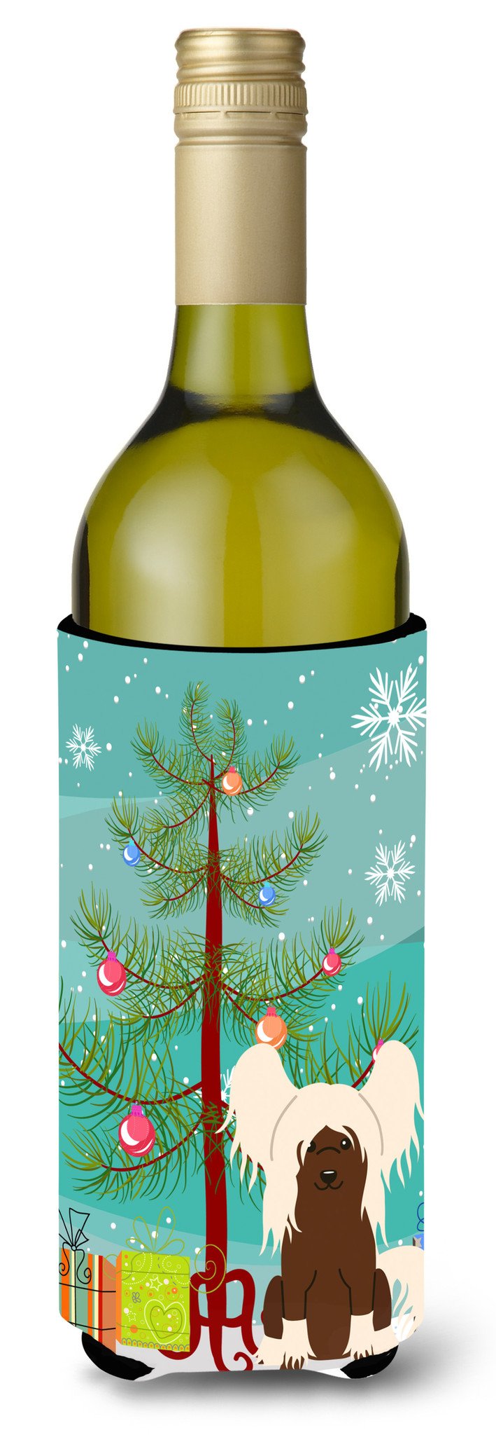 Merry Christmas Tree Chinese Crested Cream Wine Bottle Beverge Insulator Hugger BB4238LITERK by Caroline&#39;s Treasures