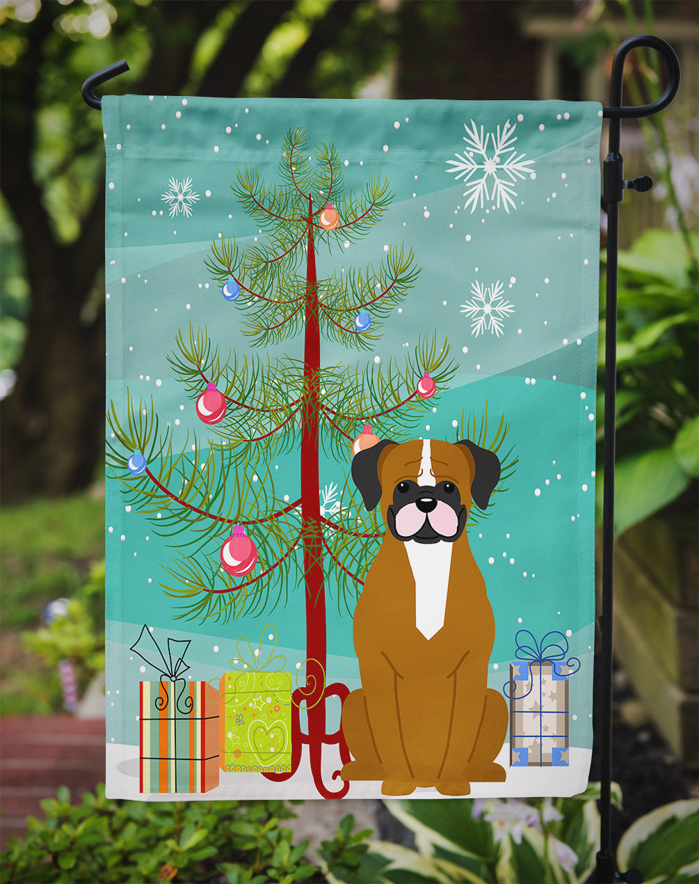 Merry Christmas Tree Flashy Fawn Boxer Flag Garden Size BB4241GF
