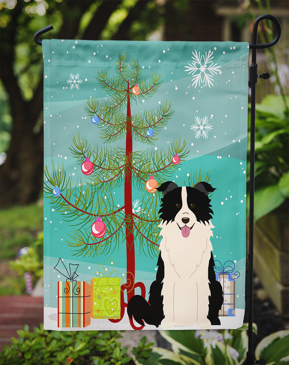 Merry Christmas Tree Border Collie Black White Flag Garden Size BB4243GF