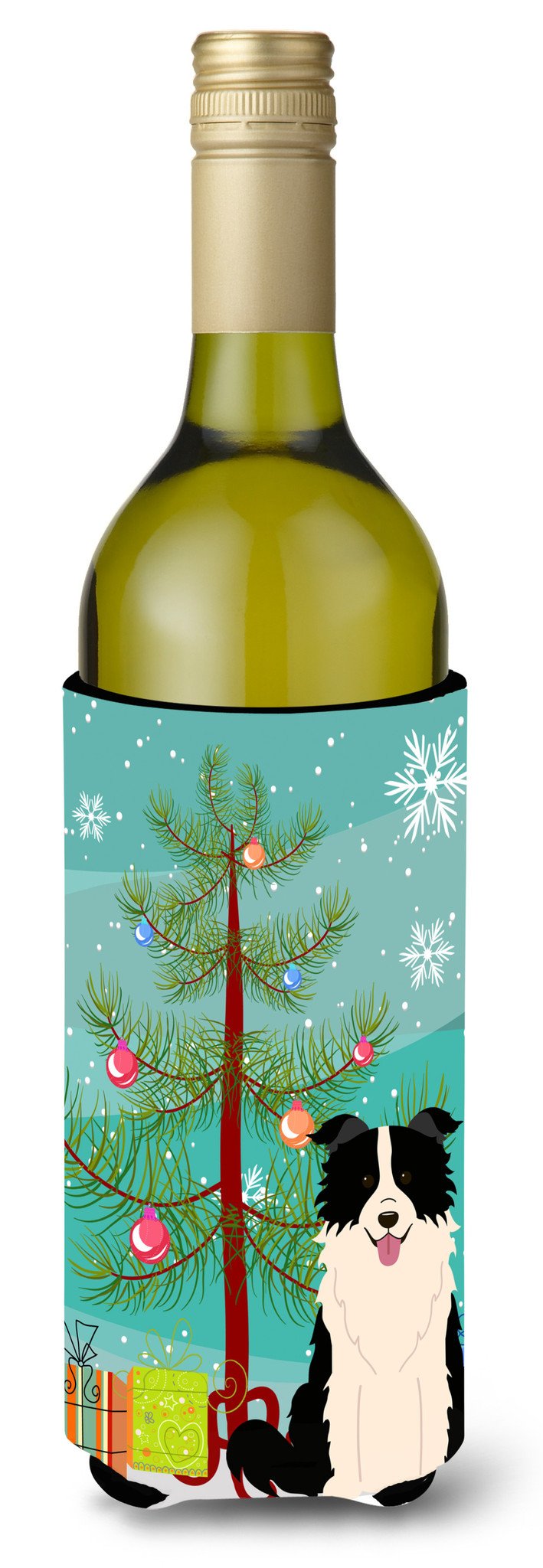 Merry Christmas Tree Border Collie Black White Wine Bottle Beverge Insulator Hugger BB4243LITERK by Caroline&#39;s Treasures