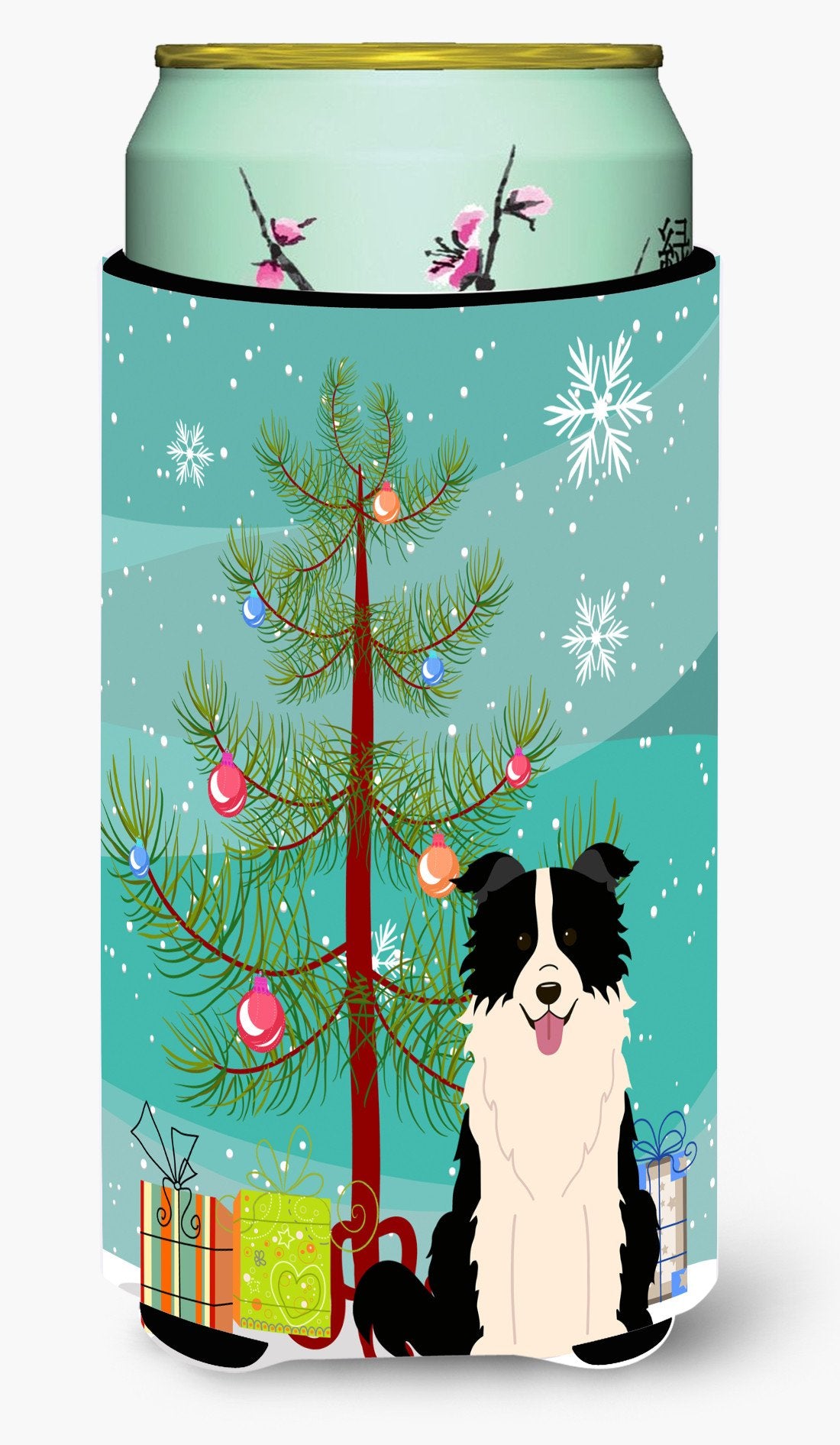Merry Christmas Tree Border Collie Black White Tall Boy Beverage Insulator Hugger BB4243TBC by Caroline&#39;s Treasures