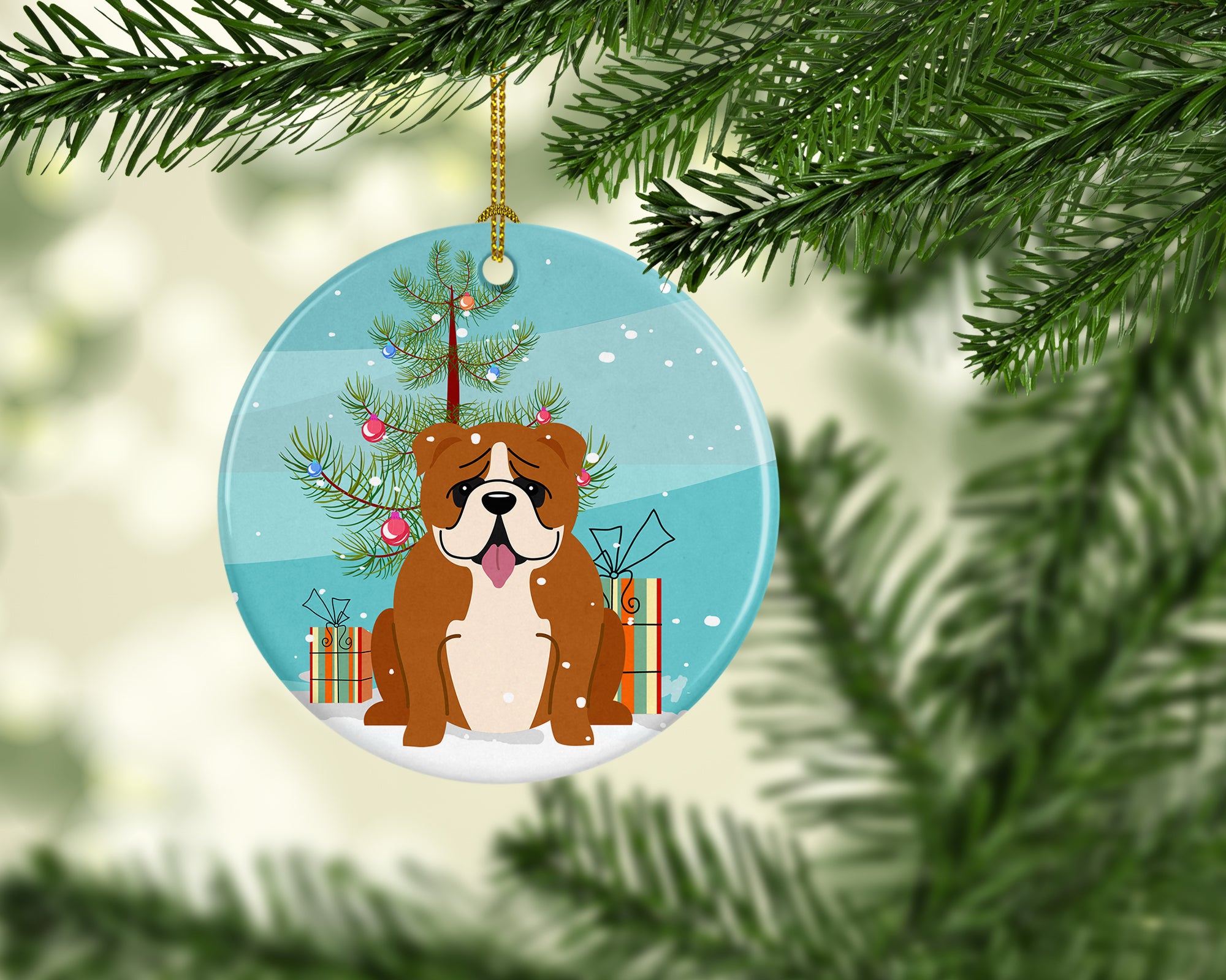 Merry Christmas Tree English Bulldog Red White Ceramic Ornament BB4245CO1 - the-store.com
