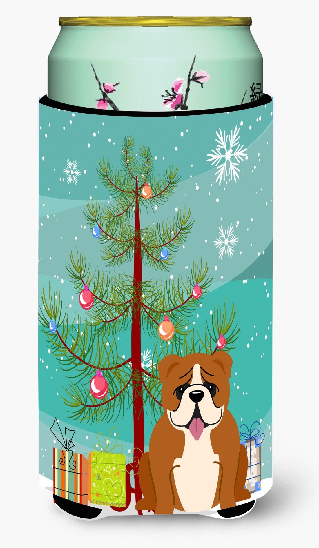 Merry Christmas Tree English Bulldog Red White Tall Boy Beverage Insulator Hugger BB4245TBC by Caroline&#39;s Treasures