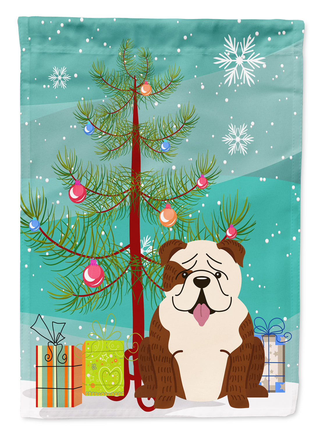 Merry Christmas Tree English Bulldog Brindle White Flag Canvas House Size BB4246CHF  the-store.com.