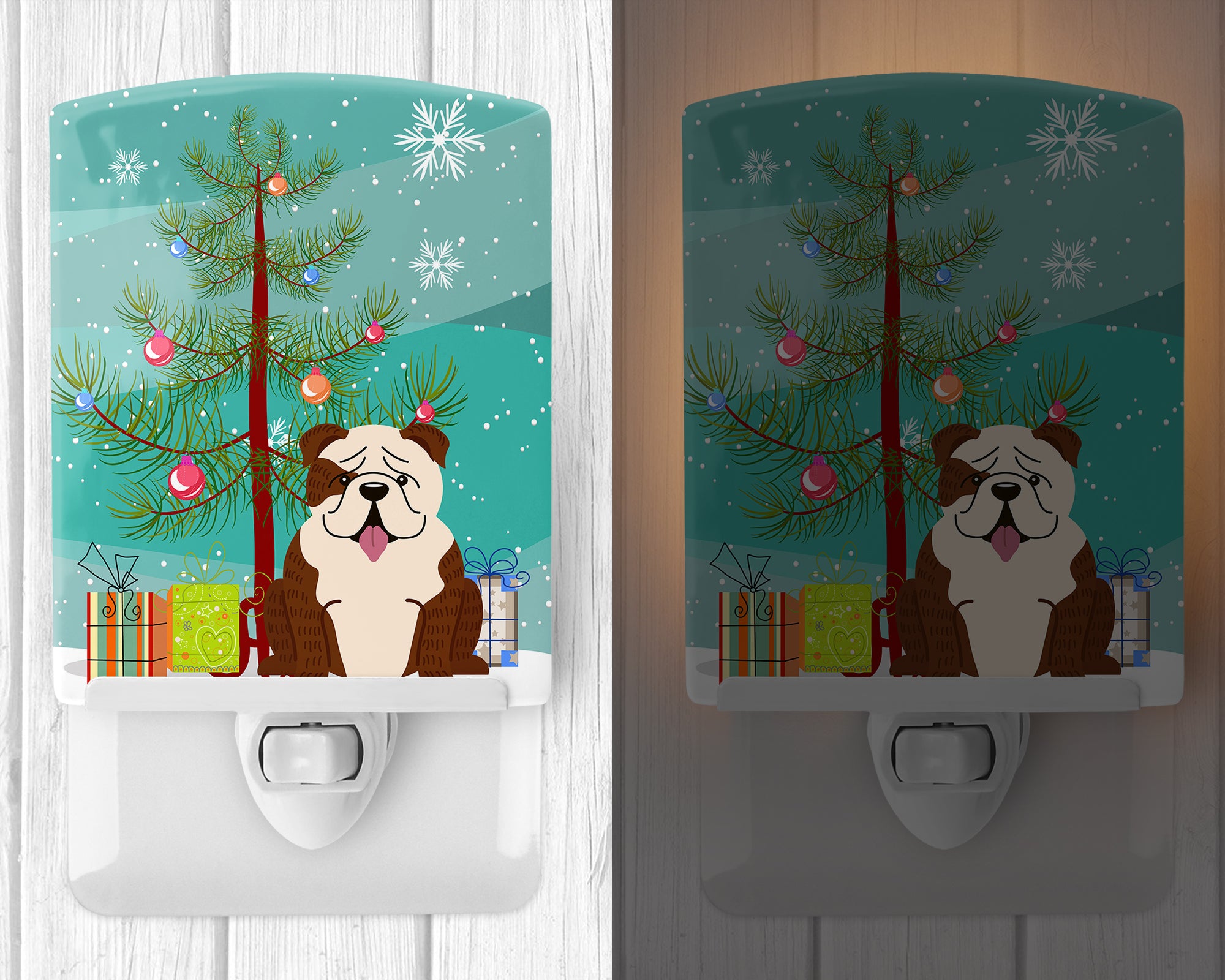 Merry Christmas Tree English Bulldog Brindle White Ceramic Night Light BB4246CNL - the-store.com