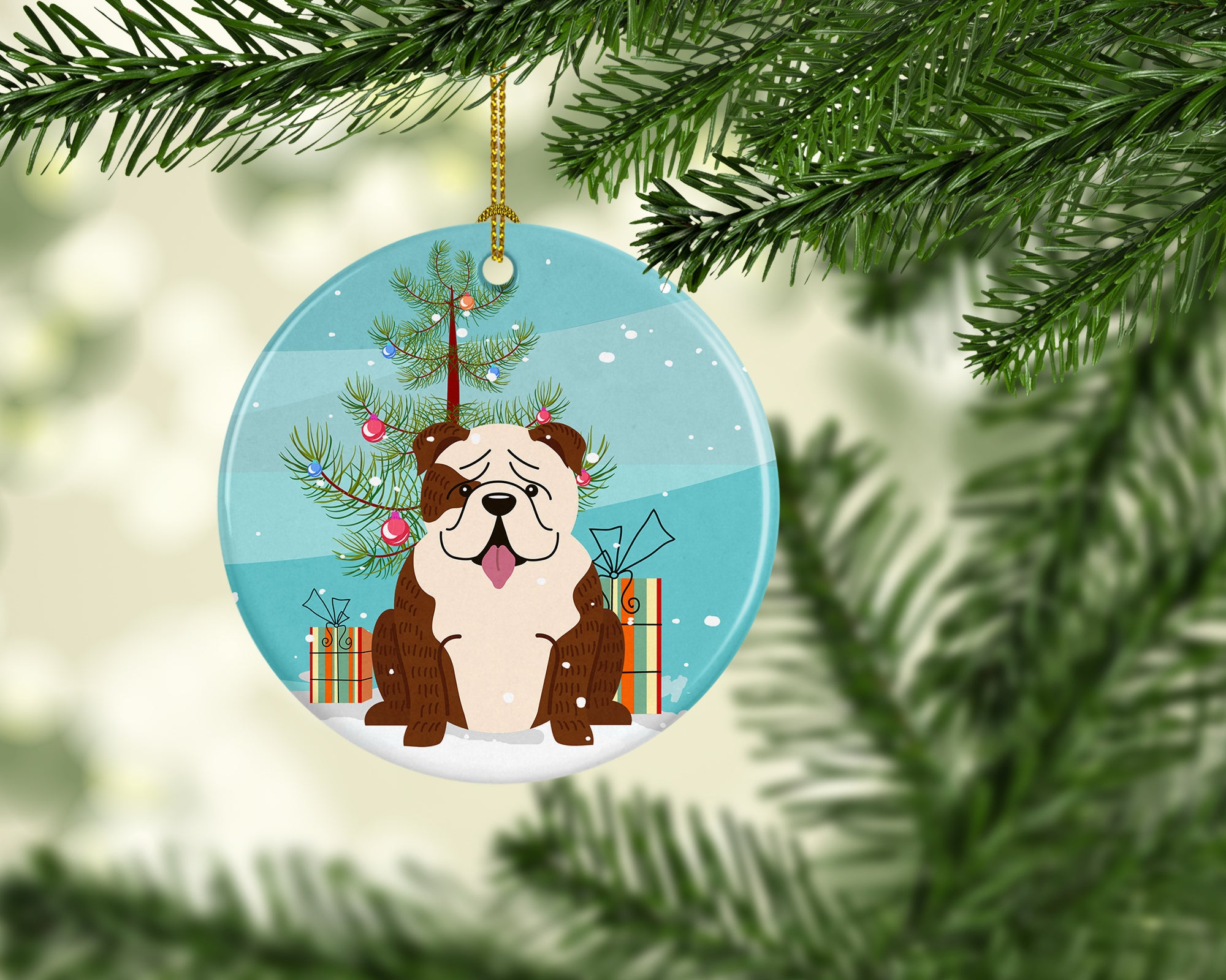 Merry Christmas Tree English Bulldog Brindle White Ceramic Ornament BB4246CO1 - the-store.com