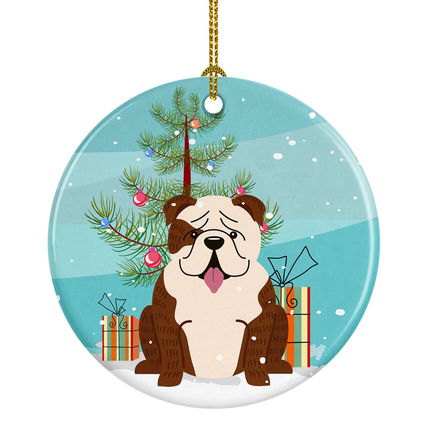 Merry Christmas Tree English Bulldog Brindle White Ceramic Ornament BB4246CO1 - the-store.com