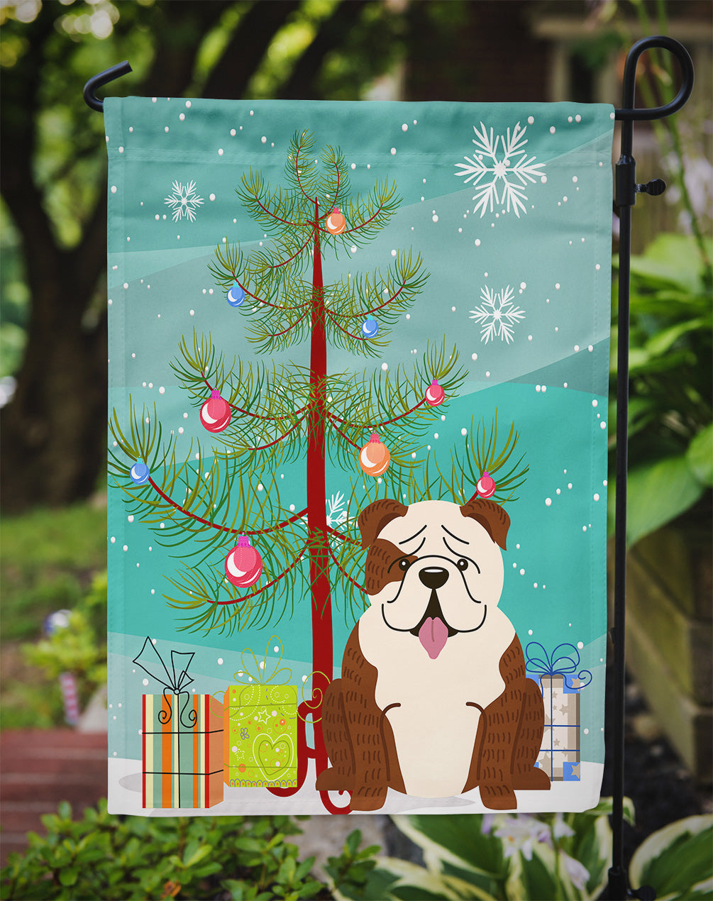 Merry Christmas Tree English Bulldog Brindle White Flag Garden Size BB4246GF