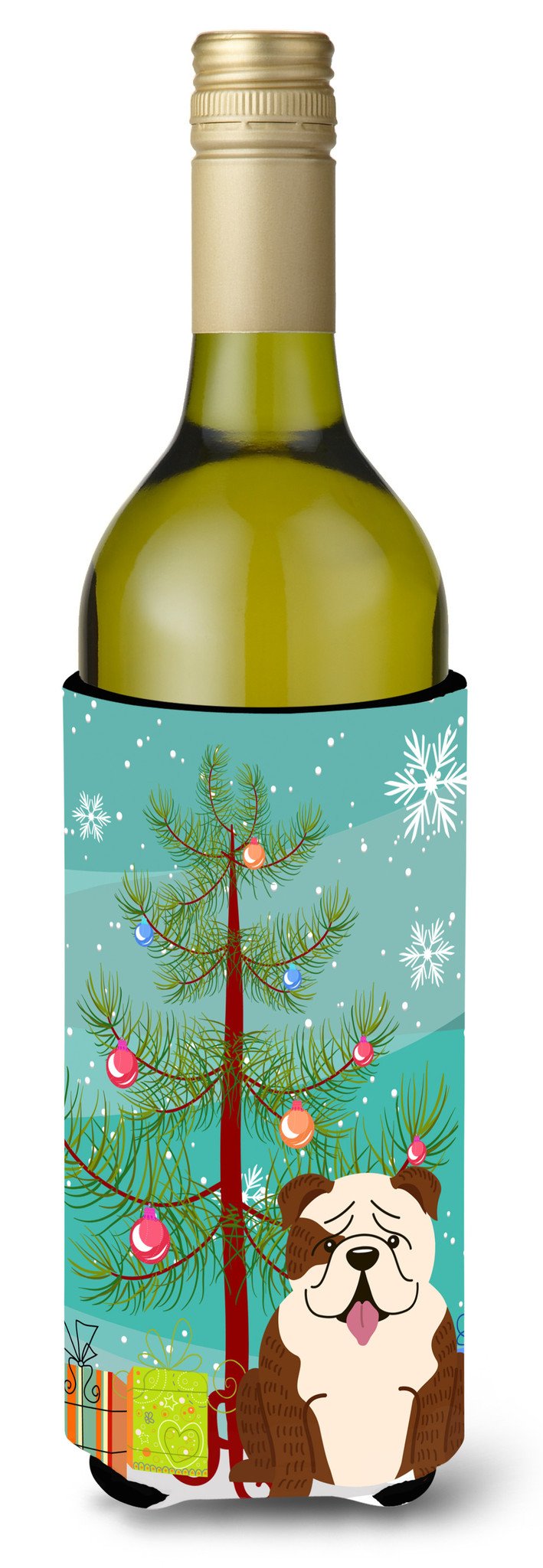 Merry Christmas Tree English Bulldog Brindle White Wine Bottle Beverge Insulator Hugger BB4246LITERK by Caroline&#39;s Treasures