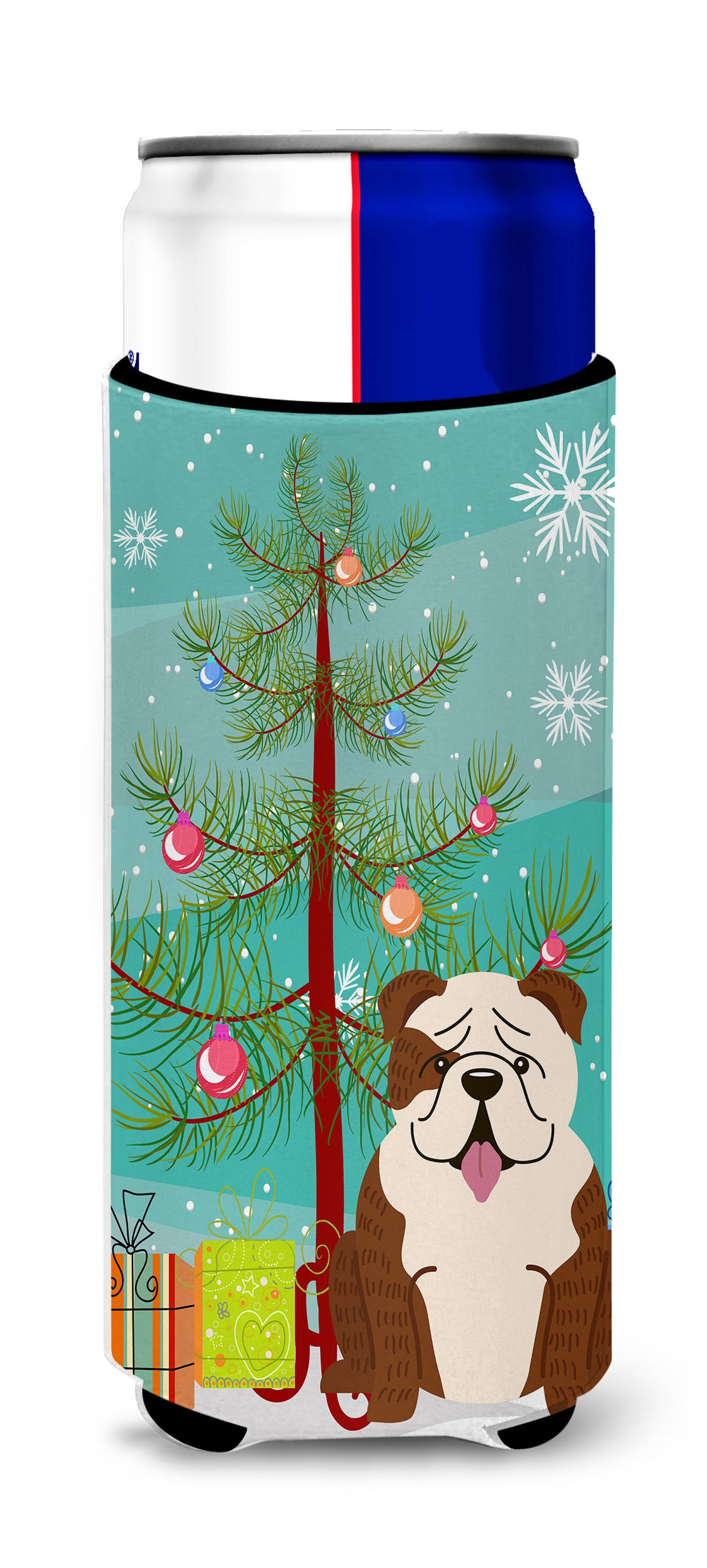Merry Christmas Tree English Bulldog Brindle White  Ultra Hugger for slim cans BB4246MUK  the-store.com.
