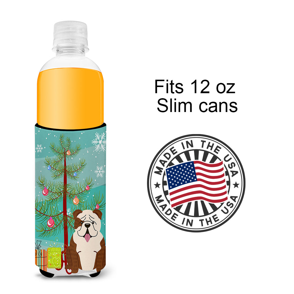 Merry Christmas Tree English Bulldog Brindle White  Ultra Hugger for slim cans BB4246MUK