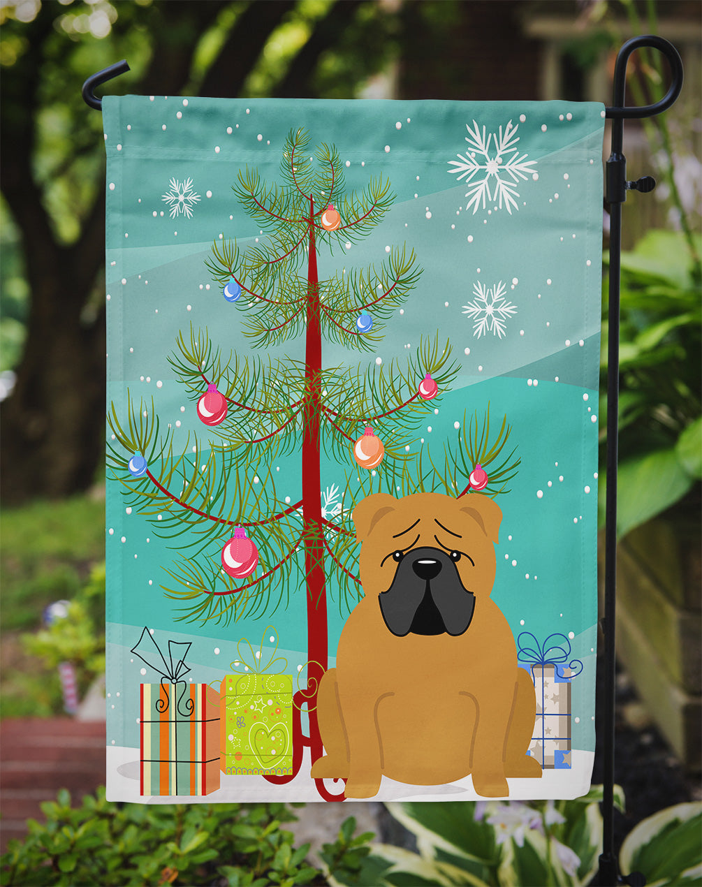 Merry Christmas Tree English Bulldog Red Flag Garden Size BB4247GF  the-store.com.