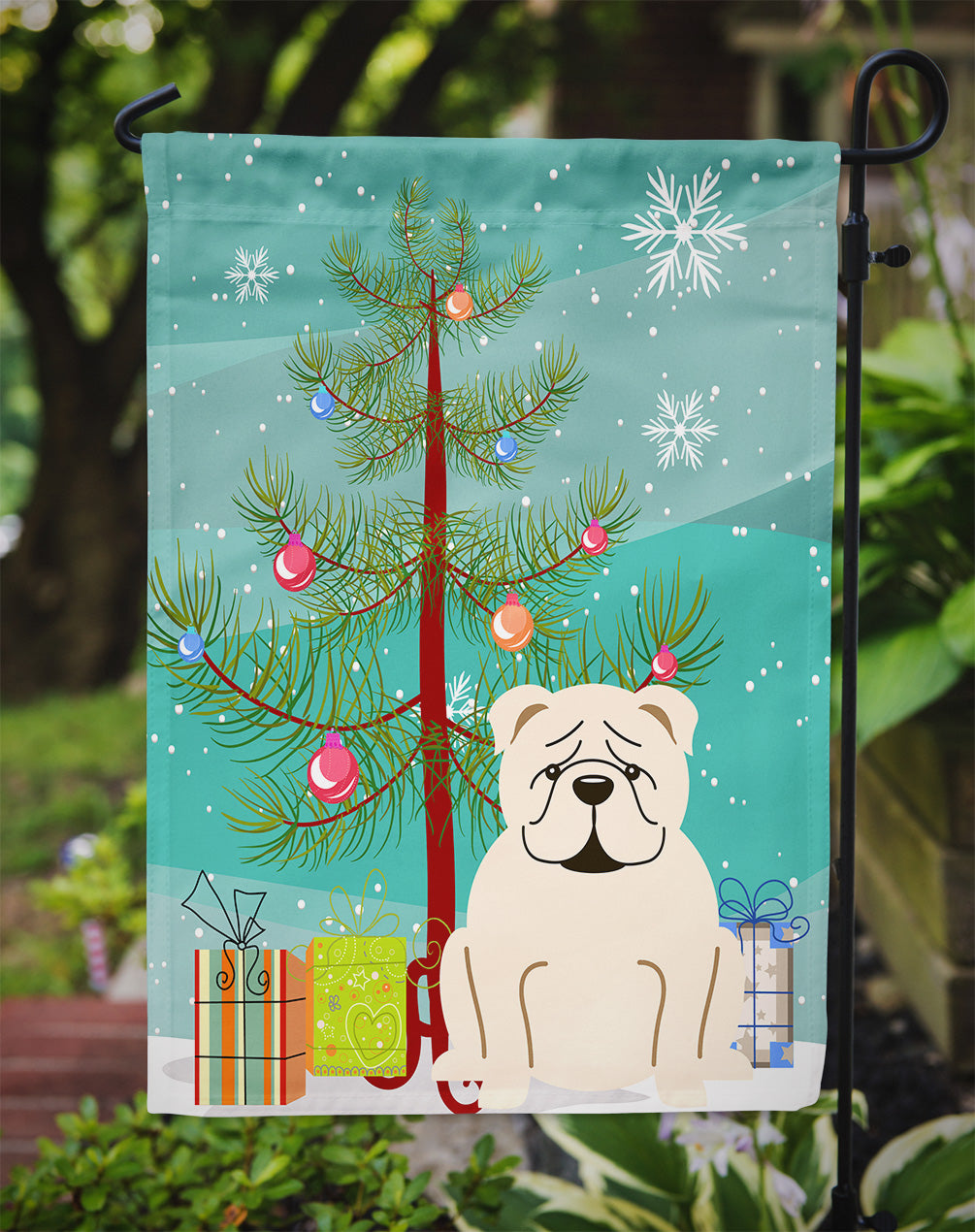 Merry Christmas Tree English Bulldog White Flag Garden Size BB4248GF