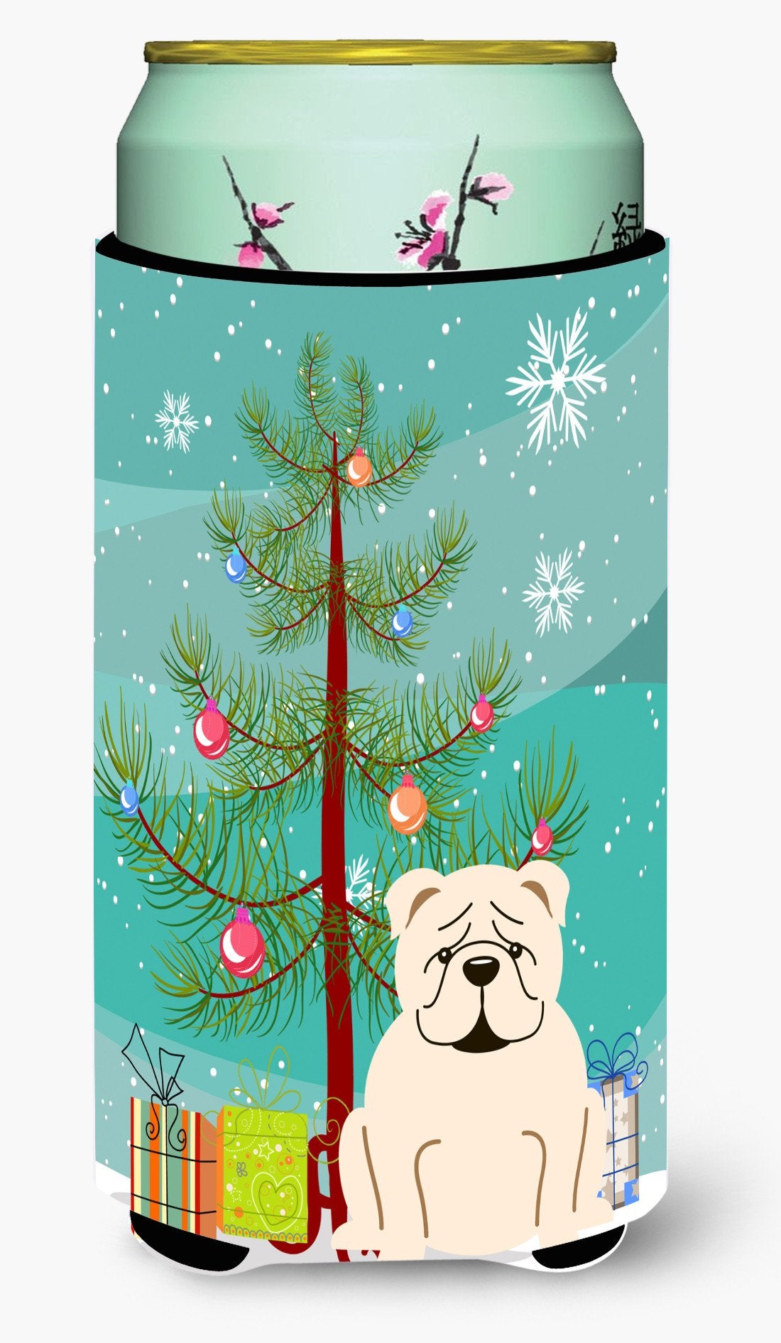 Merry Christmas Tree English Bulldog White Tall Boy Beverage Insulator Hugger BB4248TBC by Caroline&#39;s Treasures