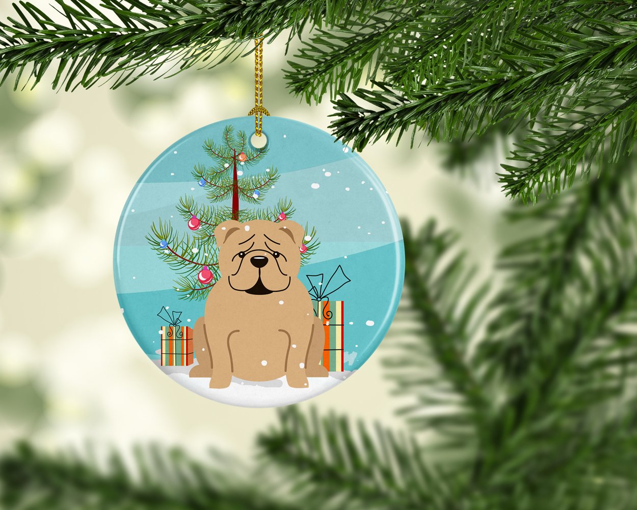 Merry Christmas Tree English Bulldog Fawn Ceramic Ornament BB4249CO1 by Caroline's Treasures