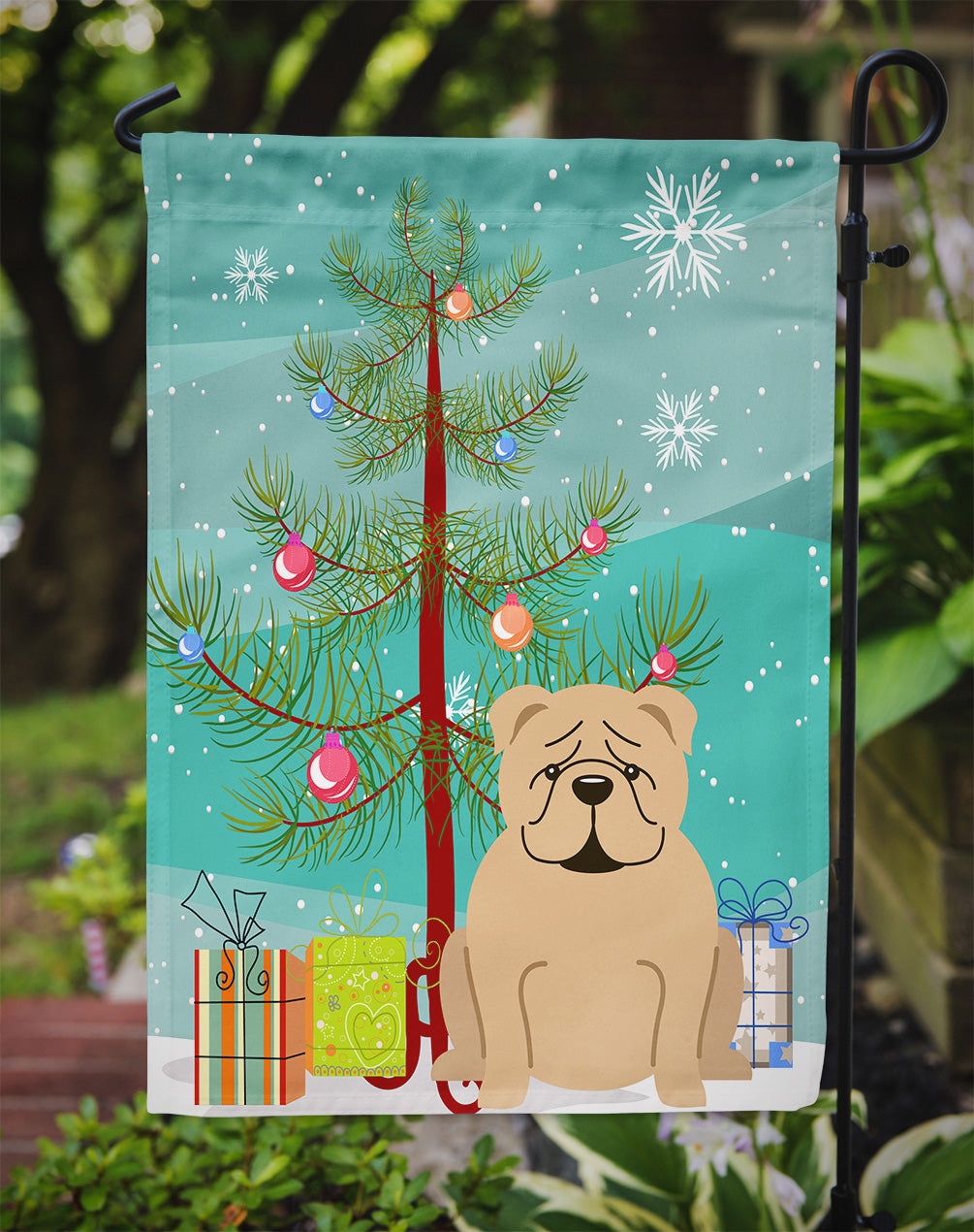 Merry Christmas Tree English Bulldog Fawn Flag Garden Size BB4249GF  the-store.com.