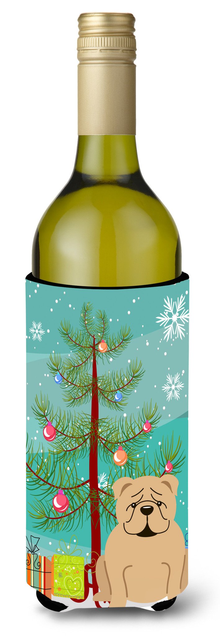 Merry Christmas Tree English Bulldog Fawn Wine Bottle Beverge Insulator Hugger BB4249LITERK by Caroline&#39;s Treasures