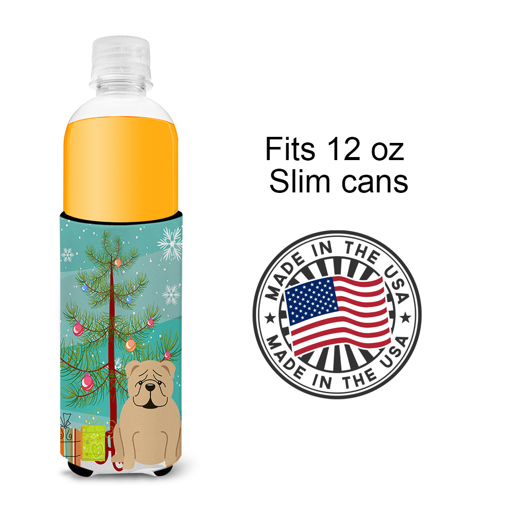 Merry Christmas Tree English Bulldog Fawn  Ultra Hugger for slim cans BB4249MUK  the-store.com.